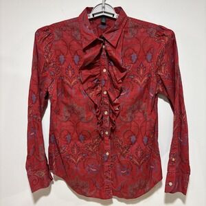 LRL LAUREN JEANS CO Red Paisley Ruffle Button Up Shirt Valentines Day Womens L